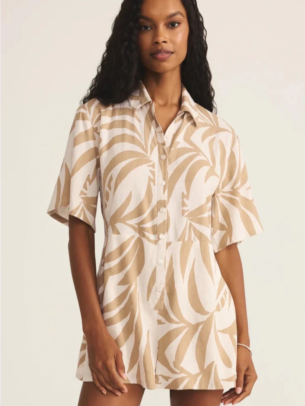 Z Supply Beige and White Printed Short Sleeve Romper